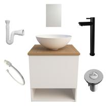 Kit Gabinete Armario de Banheiro Lavabo com Cuba Espelho Torneira Preta Sifão Valvula Engate