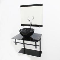 Kit gabinete banheiro 60cm ap com cuba redonda mármore preto + torneira cromada