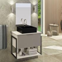 Kit Gabinete Banheiro Industrial TECH 60cm Branco/ Cinza (gabinete + cuba preta+ espelho + ferragem) - MOVEIS JOIA