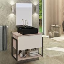 Kit Gabinete Banheiro Industrial TECH 60cm Madeirado/ Branco (gabinete + cuba preta + espelho + ferragem) Kit Gabinete Banheiro Industrial TECH 60cm Madeirado/ Branco (gabinete + cuba preta + espelho + ferragem)