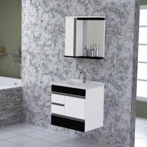 Kit Gabinete de Banheiro Suspenso 1 Porta 3 Gavetas Espelheira 1 Porta e Cuba em Mármore Sintético a Branco/Preto Texturizado Kit Gabinete de Banheiro Suspenso 1 Porta 3 Gavetas Espelheira 1 Porta e Cuba em Mármore Sintético a Branco/Preto Texturizado