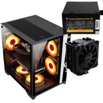 Kit Gabinete Gamer Aquário Suporta Até 5 Fans e Water Cooler Com Vidro Temperado + Fonte Quantum 650W ATX + Cooler de Processador Tdp 180W Pcyes