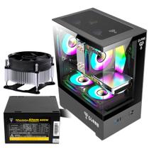 Kit Gabinete Gamer Clanm Suporta Até 5 Ventoinhas e Water Cooler Vidro Temperado + Fonte Bivolt 400W ATX + Cooler de Processador Tdp 65W 92mm Kit Gabinete Gamer Clanm Suporta Até 5 Ventoinhas e Water Cooler Vidro Temperado + Fonte Bivolt 400W ATX + Cooler de Processador Tdp 65W 92mm