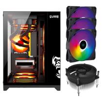 Kit Gabinete Gamer Grodd Aquário Suporta Até 7 Fans e Water Cooler + 3 Unid Cooler Fan Led Fixo 5 Cores V.Ring 120mm + Cooler Para Processador I30 92mm