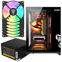 Kit Gabinete Gamer Grodd Clanm Ótima Ventilação Suporta Water Cooler Com Vidro Temperado + Fonte Quantum 650W ATX + 6 Unid Fan Rgb Eurus