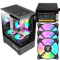 Kit Gabinete Gamer Megalon Clanm Suporta Até 5 Fans Cooler de CPU Vidro Temperado Com Ótima Ventilação + 3 Unid Fans Rgb + Fonte Quantum 650W ATX
