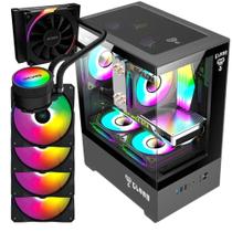 Kit Gabinete Gamer Megalon Clanm Suporta Water Cooler Com Vidro Temperado + 4 Unid Cooler Fan Led Fixo 5 Cores 120mm + Water Cooler Sangue Frio Argb 120mm Tdp 200W