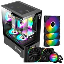 Kit Gabinete Gamer Megalon Com Vidro Temperado Suporta Water Cooler + Water Cooler Sangue Frio Tdp 250W Argb + 3 Unid Cooler Fan V.Ring Led Fixo 5 Cores