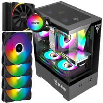 Kit Gabinete Gamer Megalon Mid Tower Suporta Até 5 Fans e Water Cooler + 4 Unid Cooler Fan Led Fixo 5 Cores 120mm + Water Cooler 120mm Tdp 200W Argb