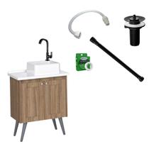 Kit Gabinete Marrom com Espelheira para Banheiro Toucador Paris com Itens Completo Torneira Preto