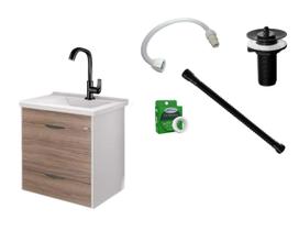 Kit Gabinete Marrom com Espelheira para Banheiro Toucador Roma + Itens Completo Torneira Preto