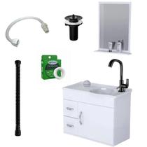 Kit Gabinete Toucador Branco Siena com Espelheira de Banheiro 1 Porta e 2 Gavetas com Itens Pretos