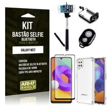 Kit Galaxy M22 Bastão Selfie Bluetooth + Capinha Anti Impacto + Película Vidro 3D -Armyshield