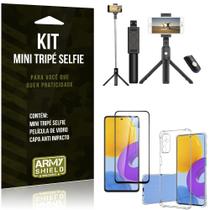 Kit Galaxy M52 5G Mini Tripé Selfie Bluetooth para + Capa Anti Impacto + Película 3D -Armyshield