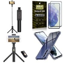 Kit Galaxy S21 FE Mini Tripé Selfie Bluetooth para + Capa Anti Impacto + Película 3D -Armyshield