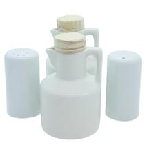 Kit Galheteiro 4 peças Azeite, Vinagre, Sal e Paliteiro - Porcelana e Pinus Kit Galheteiro 4 peças Azeite, Vinagre, Sal e Paliteiro - Porcelana e Pinus