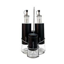 Kit Galheteiro 4 Peças Com Suporte Inox Decorativo Preto Para Mesa Com Dosador Porta Sal Azeite Vinagre