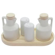 Kit Galheteiro 5 peças Azeite, Vinagre, Sal e Paliteiro - Porcelana e Pinus - Bandeja Oval