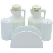 Kit Galheteiro 5 peças Azeite, Vinagre, Sal, Paliteiro e Porta Guardanapo - Porcelana e Pinus