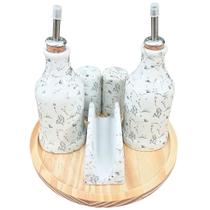 Kit Galheteiro 6 Peças com Bandeja de Pinus e Porcelana Branca