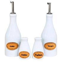 Kit Galheteiro Branco Mesa Porcelana 1 Linha com Saleiro Paliteiro Capacidade 350ml 4 Peças