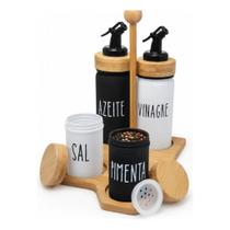 Kit galheteiro com azeiteiro vinagreiro saleiro pimenteiro de vidro bambu 5 peças para cozinha azeite sal vinagre branco Kit galheteiro com azeiteiro vinagreiro saleiro pimenteiro de vidro bambu 5 peças para cozinha azeite sal vinagre branco