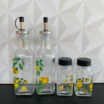 Kit galheteiro de vidro com 4 peças azeiteiro vinagreiro porta condimento saleiro decorado