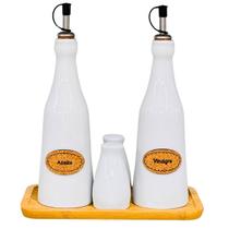 Kit Galheteiro Garrafa 00436 Azeite e Vinagre Paliteiro Saleiro Base Bambu