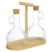 Kit Galheteiro Suporte Bambu Vidro Dispenser 300 Ml Vinagre Azeite