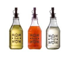Kit Galheteiros De Vidro 200ml Redondo 3 Peças(Azeite/Vinagre/Pimenta) Com Bico Dosador