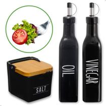 Kit Galheteiros De Vidro Brilhante Azeite e Vinagre e Saleiro de Porcelana Com Tampa Bambu
