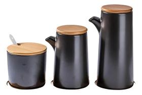 Kit Galheteiros E Pote Bambu Cerâmico Preto Temperos 4pçs Kit Galheteiros E Pote Bambu Cerâmico Preto Temperos 4pçs