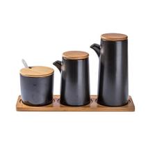 Kit Galheteiros E Pote Bambu Cerâmico Preto Temperos 4pçs
