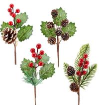 Kit Galho De Natal Folhas Pick Berries e Pinhas 22cm 4 Unidades - Magizi
