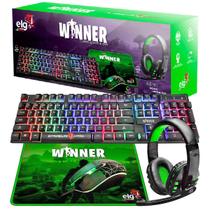 Kit Gamer 4 em 1 Teclado + Headset + Mouse + Mousepad LED Backlight 7 Cores P2 ABNT2 Preto e Verde ELG Winner CGWN41