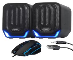 Kit Gamer Caixa de Som Multimidia 12W RMS e Mouse Gamer Ergonômico 6 Botões 4800 Dpi Led RGB