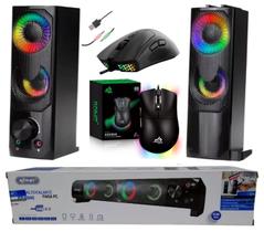 Kit Gamer Caixa de Som Torre/Soundbar 12W RMS Led RGB e Mouse Ergonimico 7 Botões 7200 DPI Design Colmeia Led Rainbow