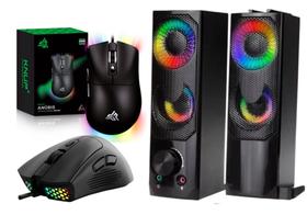 Kit Gamer Caixa de Som Torre/Soundbar 12W RMS Led RGB e Mouse Ergonimico 7 Botões 7200 DPI Design Colmeia Led Rainbow