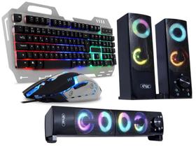 Kit Gamer com Teclado Semi Mecânico, Mouse 6 Botões, Caixa de Som Multimídia Torre LED RGB para PC e Notebook