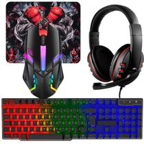 Kit Gamer Completo 4 em 1 Teclado Rainbow, Mouse 2400 DPI, Headset e Mouse Pad