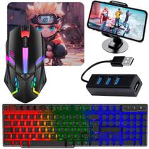 Kit Gamer Completo RGB 6 em 1 Teclado Semi Mecânico Mouse 2400DPI Mouse Pad Tripé Celular Hub USB Cabo OTG
