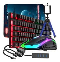 Kit Gamer Completo RGB com Teclado ABNT2 LED, Mouse Gamer 2400 DPI RGB, Tripé Flexível Celular, Cabo