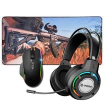 Kit Gamer Headset Drive 50mm Microfone Flexivel, Mouse 6 Botões 4800 DPI LED RGB e Mouse Pad Grande 80x40cm Tecido Antid - Onistek/Knup