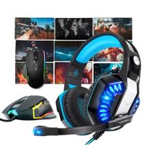 Kit Gamer Headset Fone de Ouvido Microfone Redução de Ruido + Mouse 7 Botões 4800 DPI + Mouse Pad 80x40 cm