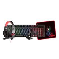 Kit Gamer Kross, Teclado LED Rainbow + Mouse, LED + Headset, Mousepad, Preto e Vermelho