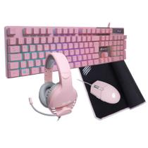 Kit gamer rosa teclado prismatic + combo arya + headset usb 7.1