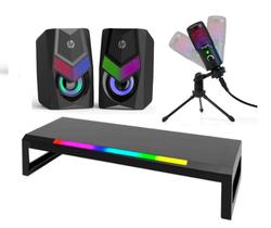 Kit Gamer Suporte Iluminado para Monitor, Microfone Streamer de Mesa E Cxa Som Hp 6w