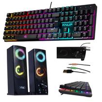 Kit Gamer Teclado Mecanico Abnt2 Português Full Size Switch Blue Anti Ghosting e Caixa de Som Tipo Torre/Soundbar 12W Led RGB