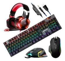 Kit Gamer Teclado Mecânico Antighost Total LED RGB Mouse 7 Botões 4800 DPI Rainbow Headset Fone Drive 50mm Led Azul