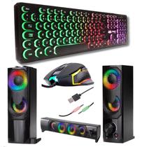 Kit Gamer - Teclado Membrana Abnt2 TeclasTipo Chocolate Impermeavel e Silencioso Led RGB, Mouse 6 Botões 4800 DPI e Caixa Som 12W Led RGB